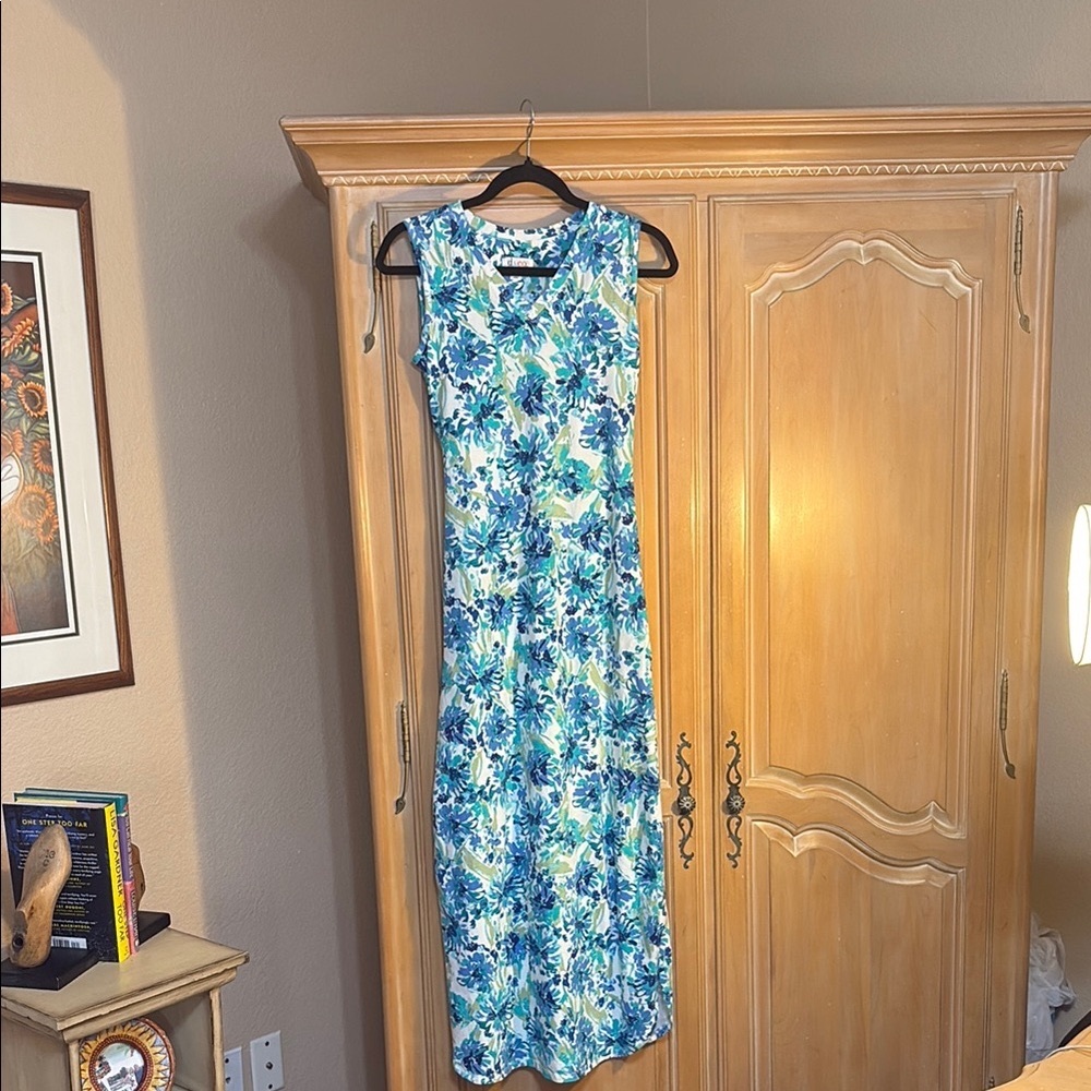 Blue and White Sleeveless Sheath Maxi Dress